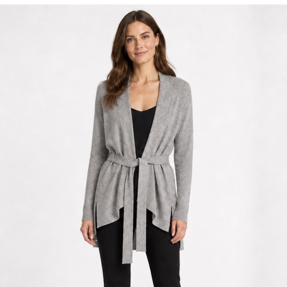 Loft Heather Gray Belted Open Front Cardigan Cotton Wool Blend M Fall 112-07